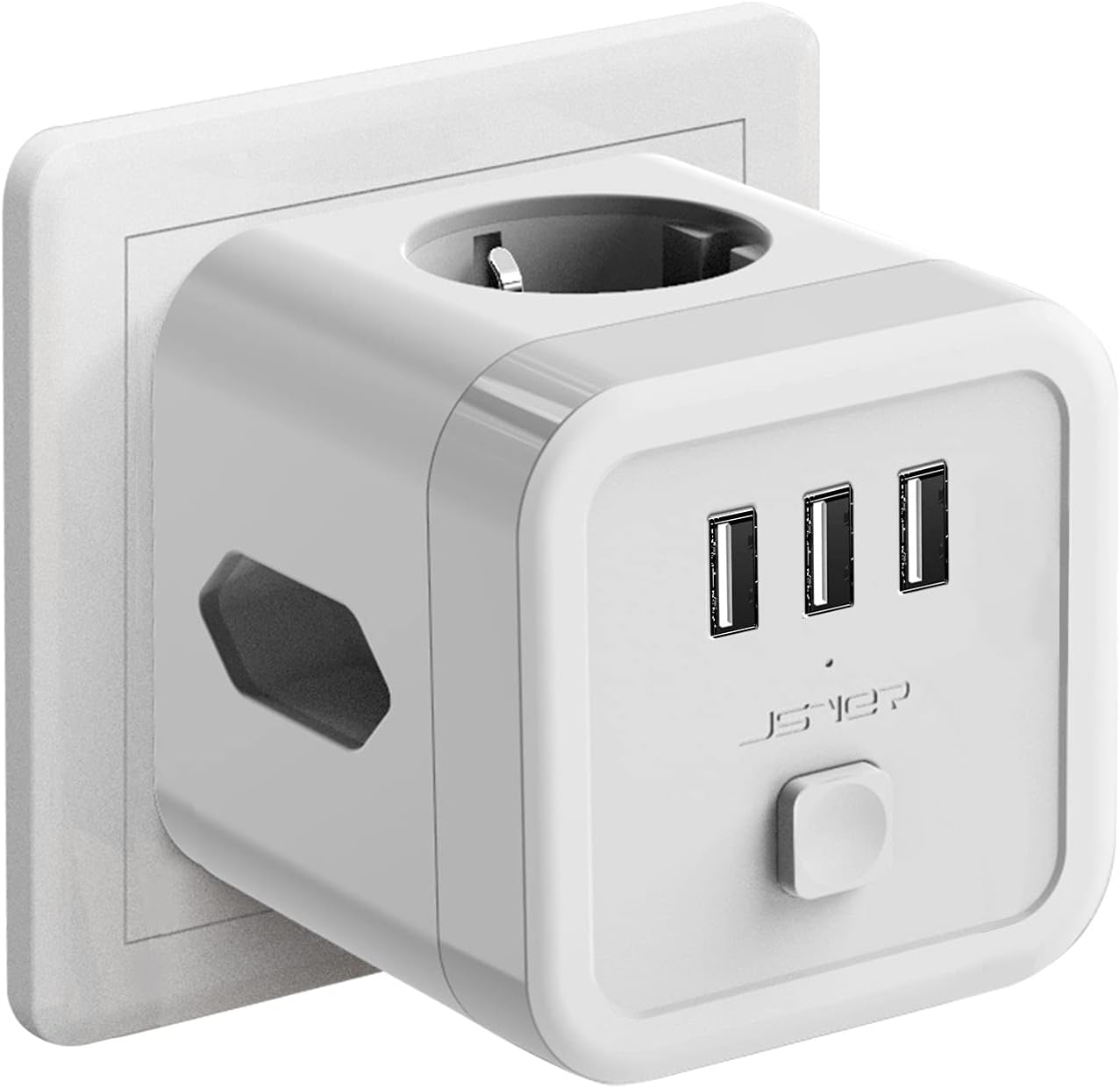 Cube multiprise USB 6 en 1 JSVER blanc à 10,99€ sur Amazon, bloc multiprise mural compact avec 1 prise Schuko, 2 prises Euro, 3 ports USB 2,4A, interrupteur LED, protection surtension 350 joules et boîtier PC ABS ignifuge.