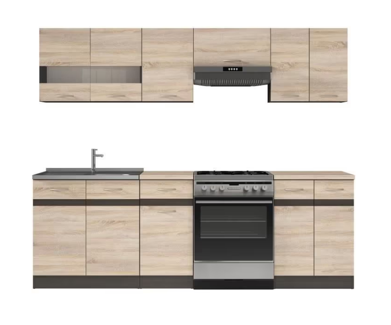 Cuisine complète JUNONA 240 cm – 7 meubles chêne sonoma avec plans de travail et éclairage LED intégrés – Cdiscount