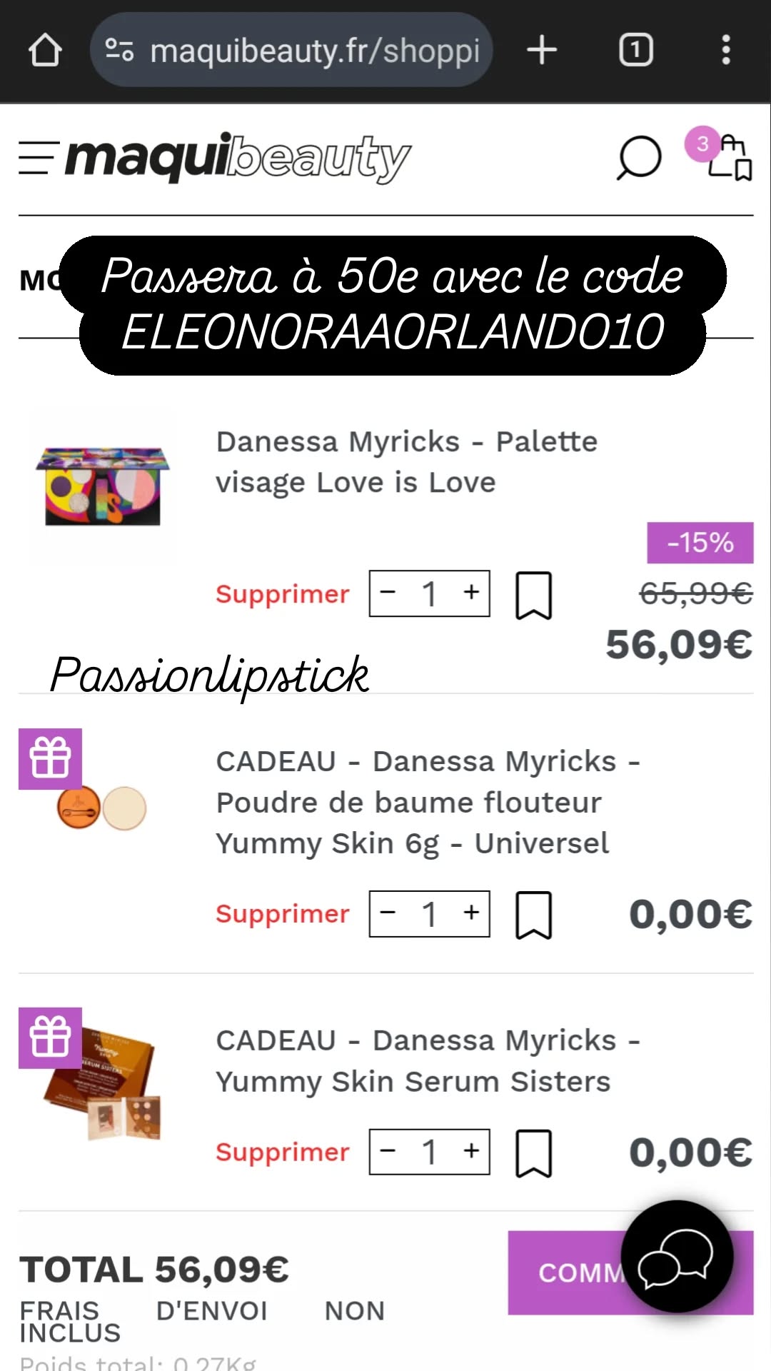 Palette Danessa Myricks Love is Love avec réduction de 15% et code promo ELEONORAAORLANDO10 pour passer à 50€ sur MaquiBeauty, avec cadeaux gratuits Yummy Skin et Serum Sisters
