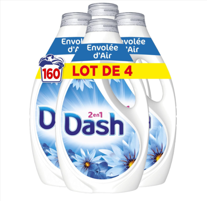 Dash 2en1 lessive liquide 160 lavages fabriquée en France, parfums Envolée d’Air, Ambre & Santal, Jasmin & Fleur de Coton, fraîcheur 3 semaines avec Lenor, promotion 31,41 € sur Amazon.