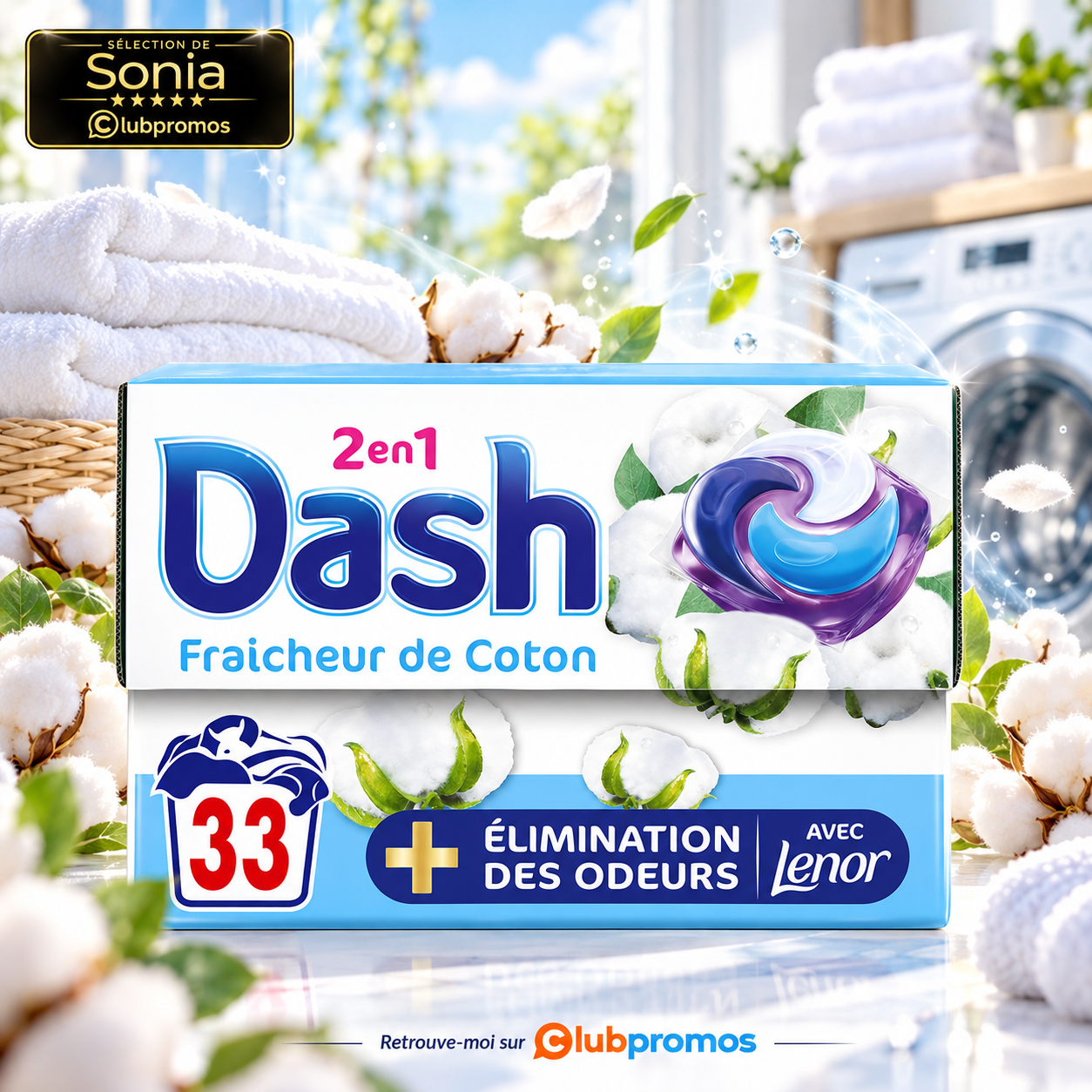 Dash 2en1 PODS Fraîcheur de Coton avec Lenor, boîte de 33 capsules de lessive fabriquées en France à 7,41 € sur Amazon.