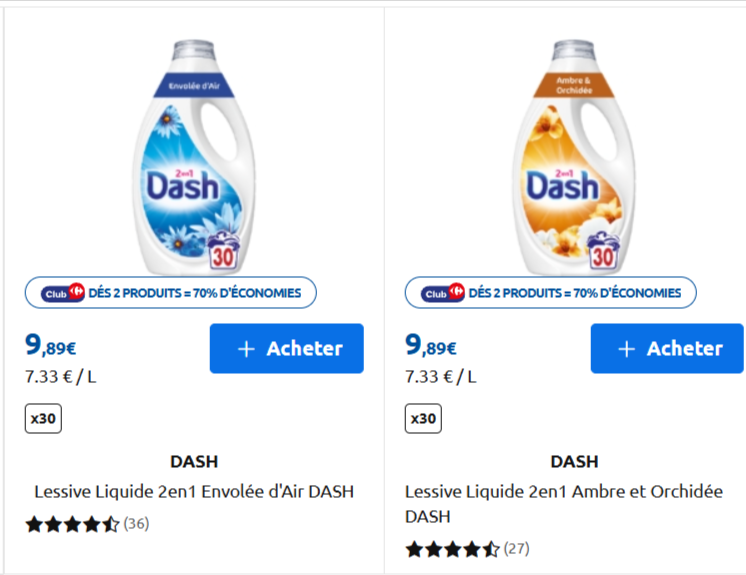 Lessive liquide Dash 2en1 Ambre et Orchidée 60 lavages à 5,92 euros après avantage carte Carrefour