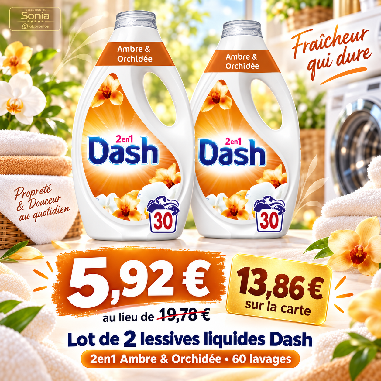 Lessive liquide Dash 2en1 Ambre et Orchidée 60 lavages à 5,92 euros après avantage carte Carrefour