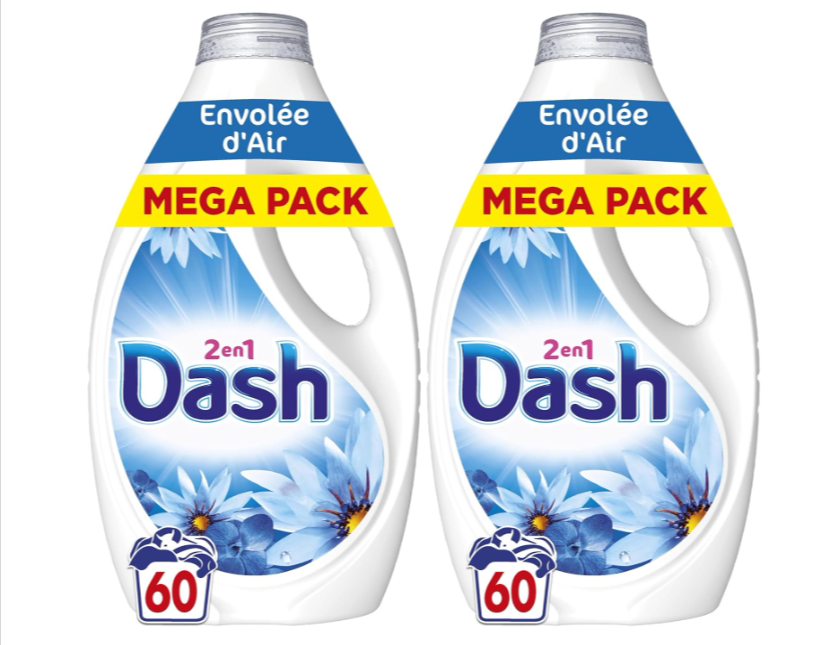  Dash 2en1 Lessive Liquide Envolée d'Air 60 Lavages avec Lenor Parfum Brise Marine, Lot de 2, Fabriquée en France