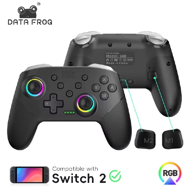 Contrôleur DATA FROG Switch Pro sans fil compatible Switch 2, Switch OLED et Switch Lite, manette avec LED multicolore, boutons arrière programmables M1/M2, gyroscope 6 axes et vibration, bon plan AliExpress à 13,99€ au lieu de 18,19€ avec livraison gratuite et code promo FRCNY02.
