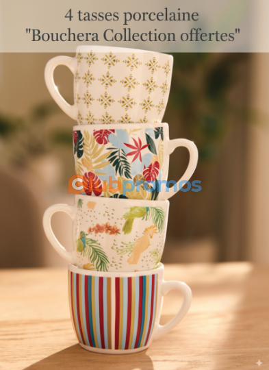  Cadeau Offerte ! Service à thé Daxon Bouchera Collection - 4 tasses et soucoupes en porcelaine fine. Élégance et raffinement pour votre table.