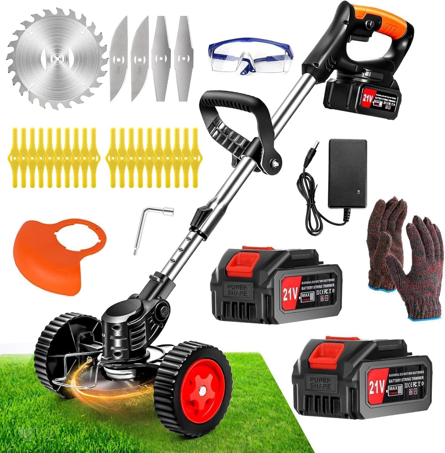 Débroussailleuse électrique sans fil 21V avec 2 batteries, coupe-bordure avec roues amovibles, 3 types de lames pour herbe pelouse mauvaises herbes et petits arbustes, manche télescopique réglable, promotion Amazon à 40,84€.