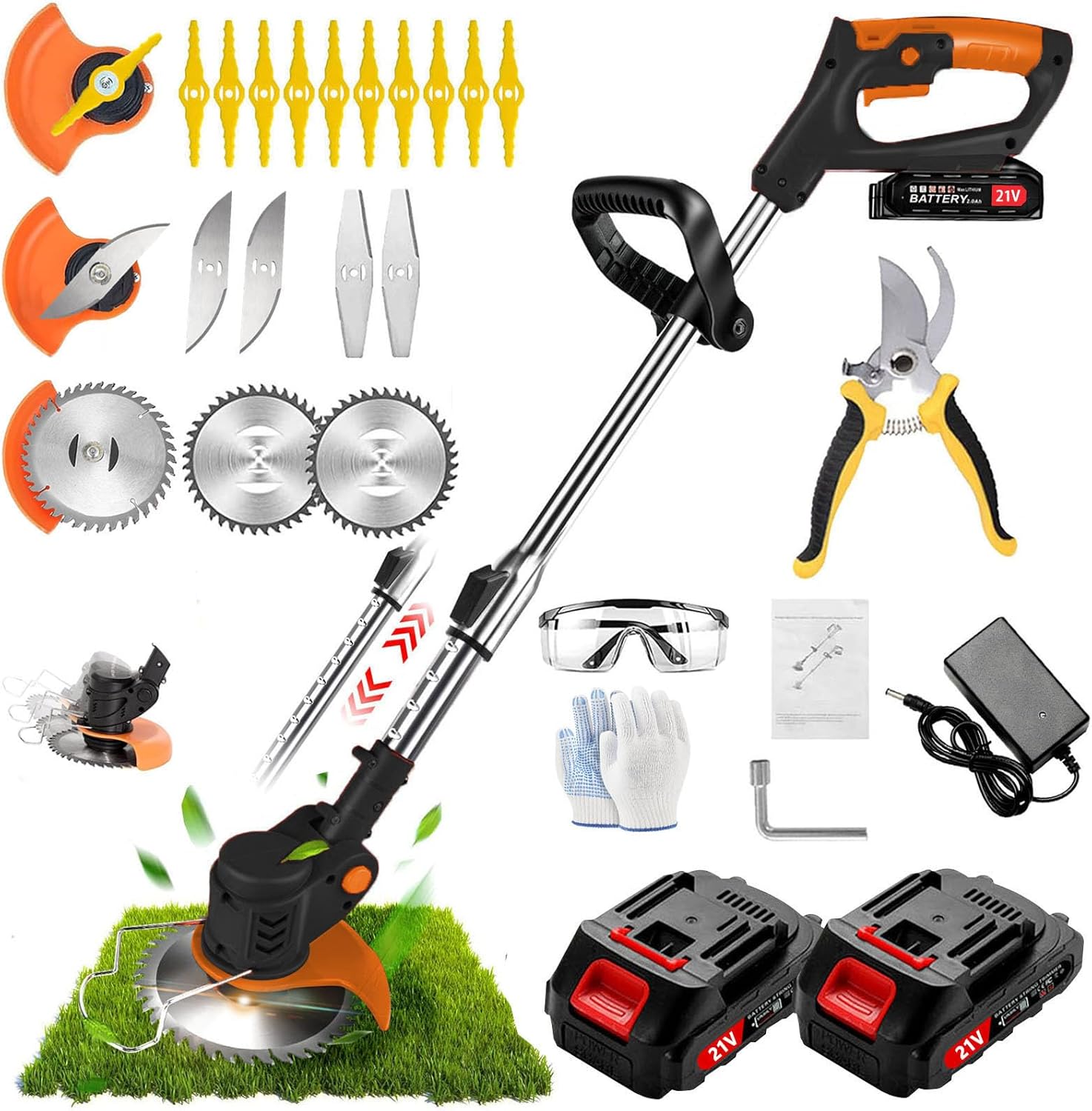 Débroussailleuse électrique sans fil Gonpmny 650W avec 2 batteries 21V et 3 lames pour pelouse, mauvaises herbes et arbustes