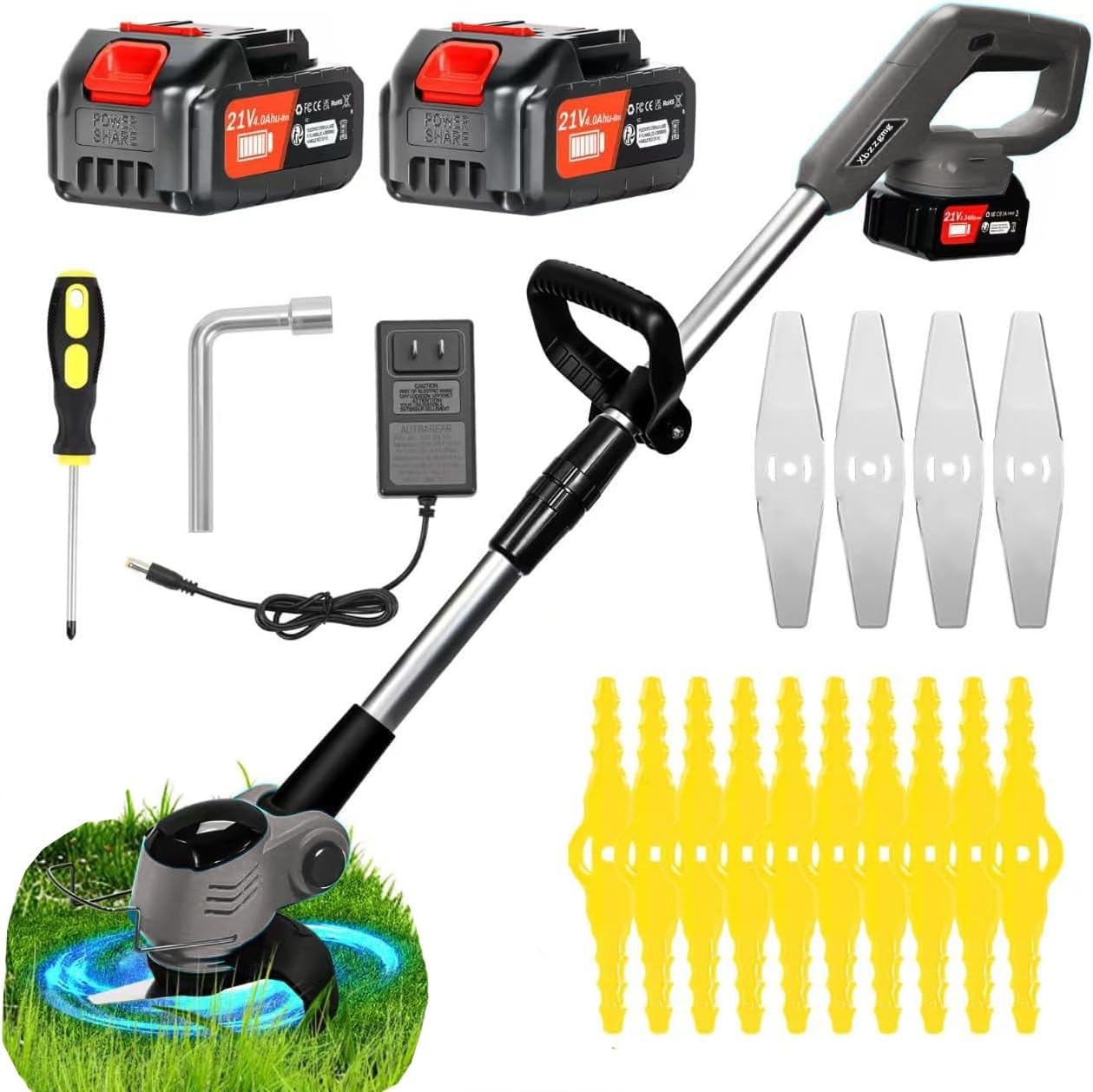 Débroussailleuse électrique sans fil 21V avec batterie 4.0Ah, lames multiples en acier inoxydable et plastique, poignée télescopique ajustable, sécurité double bouton, pour jardin et pelouse