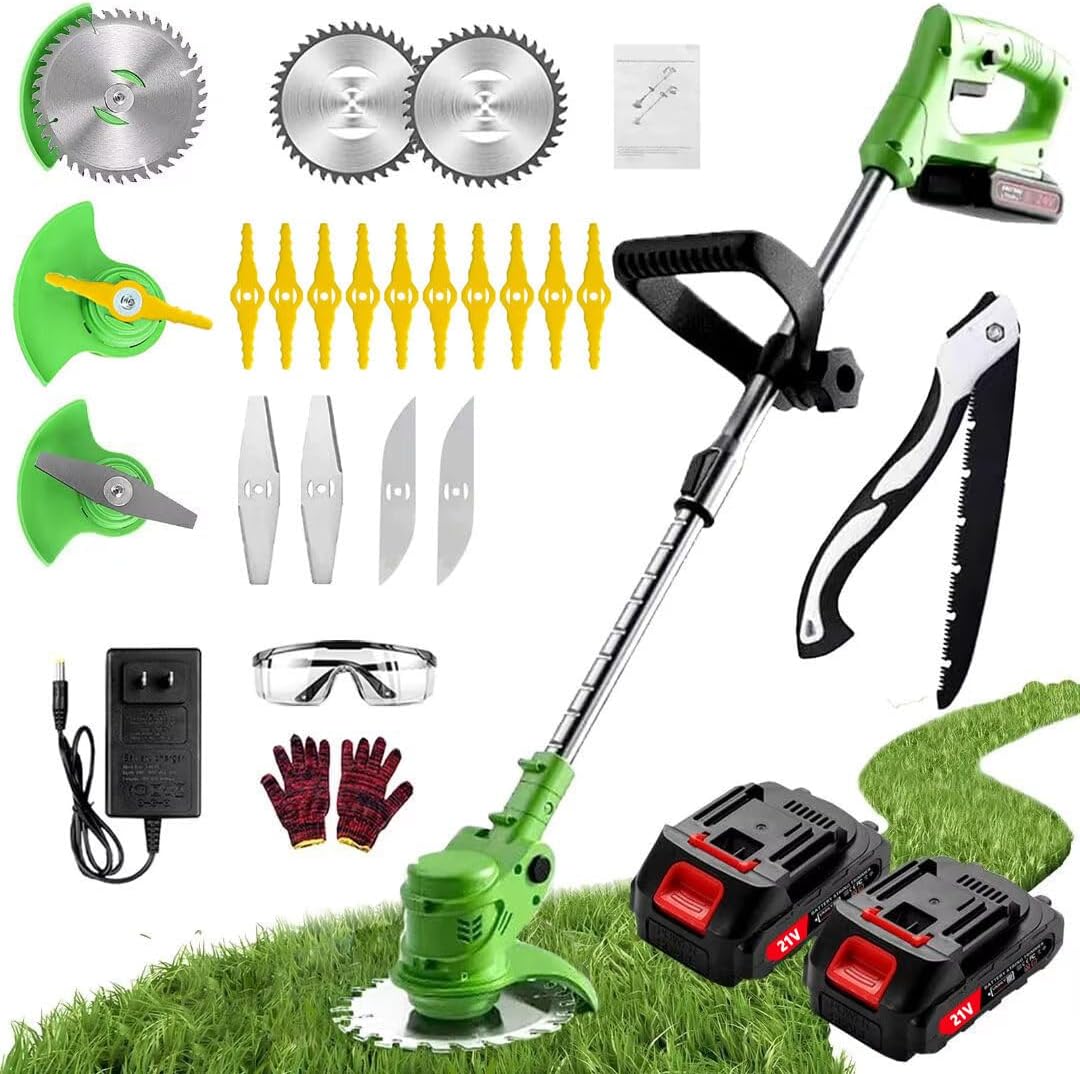 Débroussailleuse électrique sans fil Gonpmny avec 2 batteries 21V, tête réglable à 90°, lames multiples et design léger pour l’entretien du jardin