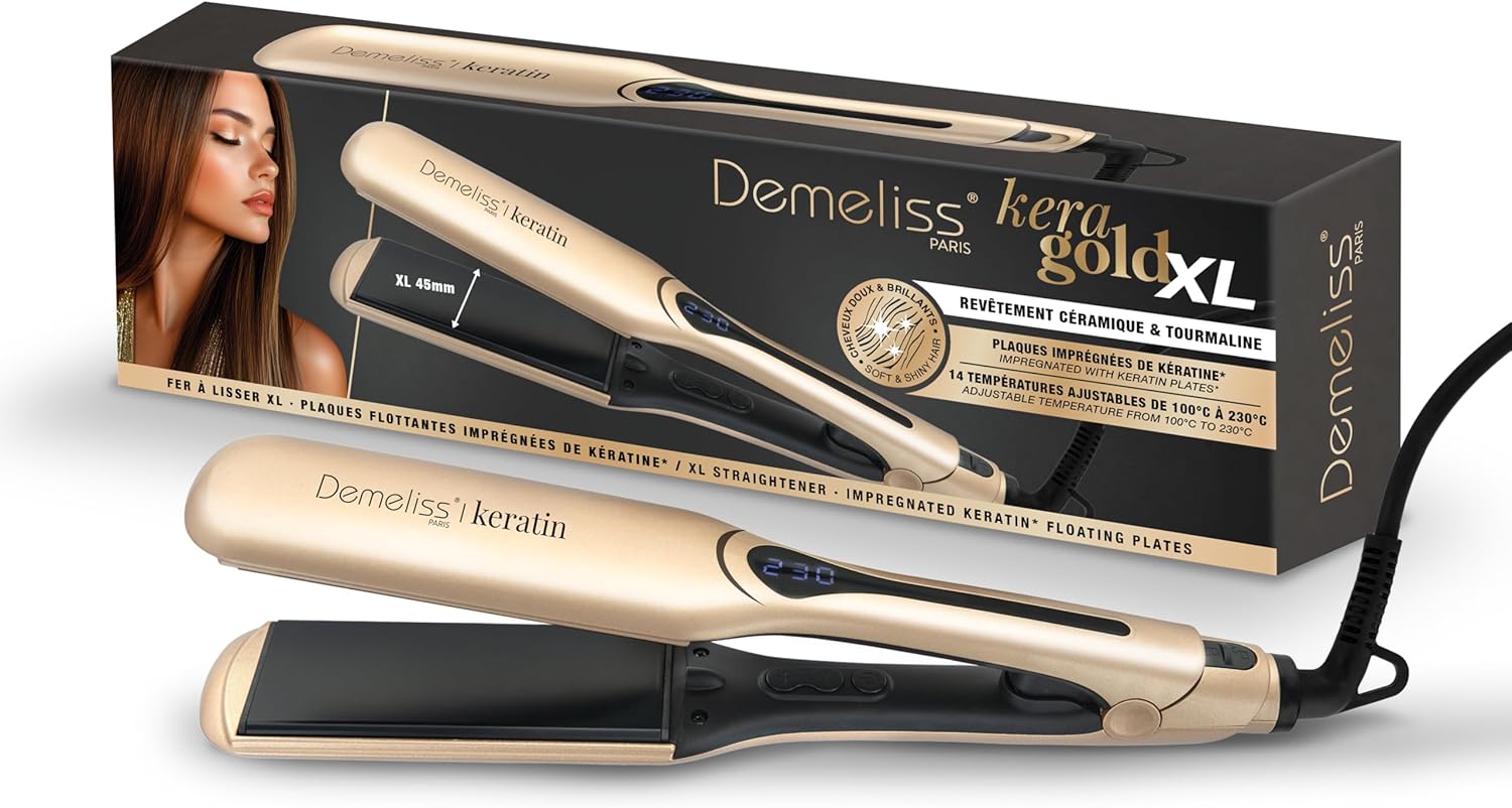 Lisseur Demeliss Saint Algue Kera-GOLD XL avec plaques larges infusées à la kératine, écran digital, 14 températures réglables de 100 à 230°C et cordon rotatif 360°, disponible en promotion sur Amazon.