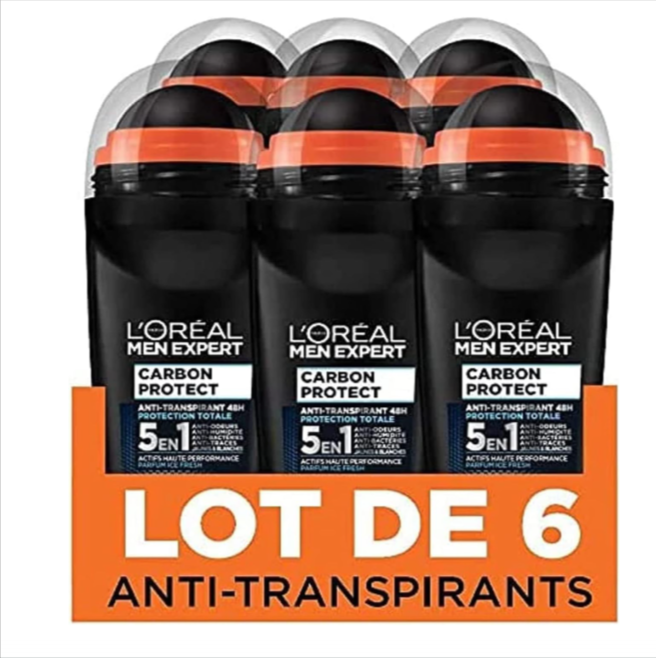 Déodorant bille pour homme L'Oréal Men Expert Carbon Protect Ice Fresh, protection anti-transpirante 48h, sans alcool, combats les odeurs, anti-traces jaunes et blanches.