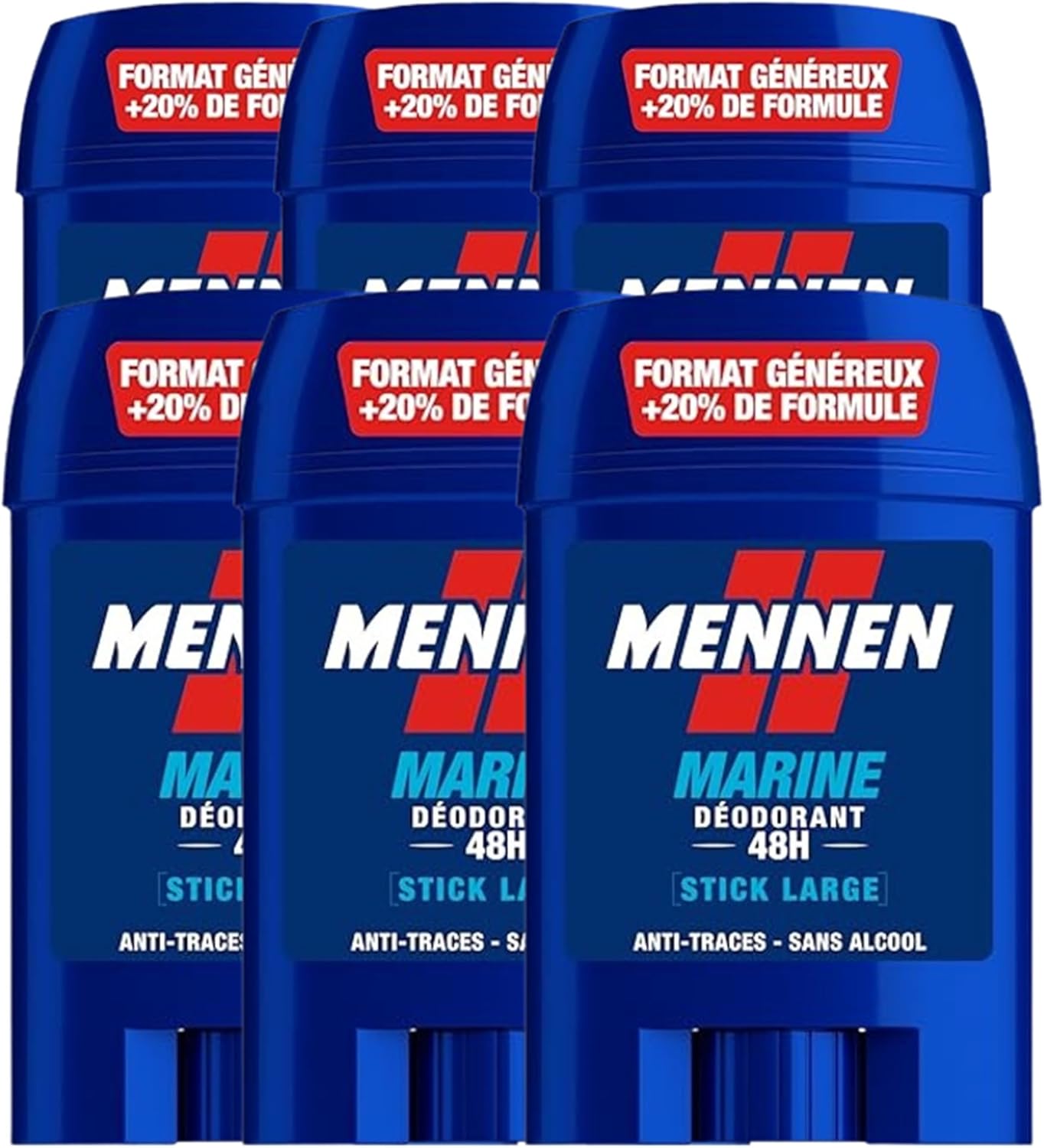 Déodorant homme Mennen MARINE 48H en stick, lot de 6 bâtons sans alcool anti-traces, bon plan Amazon à petit prix, pack bleu posé sur fond clair, idéal pour protection longue durée et stock économique.