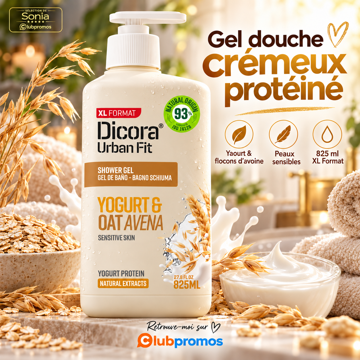 Gel douche Dicora Urban Fit aux protéines de yaourt et à l'extrait d'avoine, format 825 ml à 2,48 € sur Amazon.