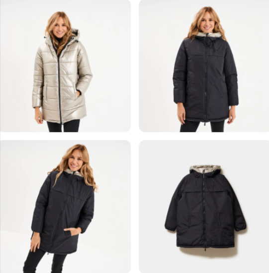 Doudoune réversible Liberto à capuche noir pour femme en promotion à 19€ chez La Halle, manteau mi-long chaud et pratique, bon plan mode hiver petit budget.