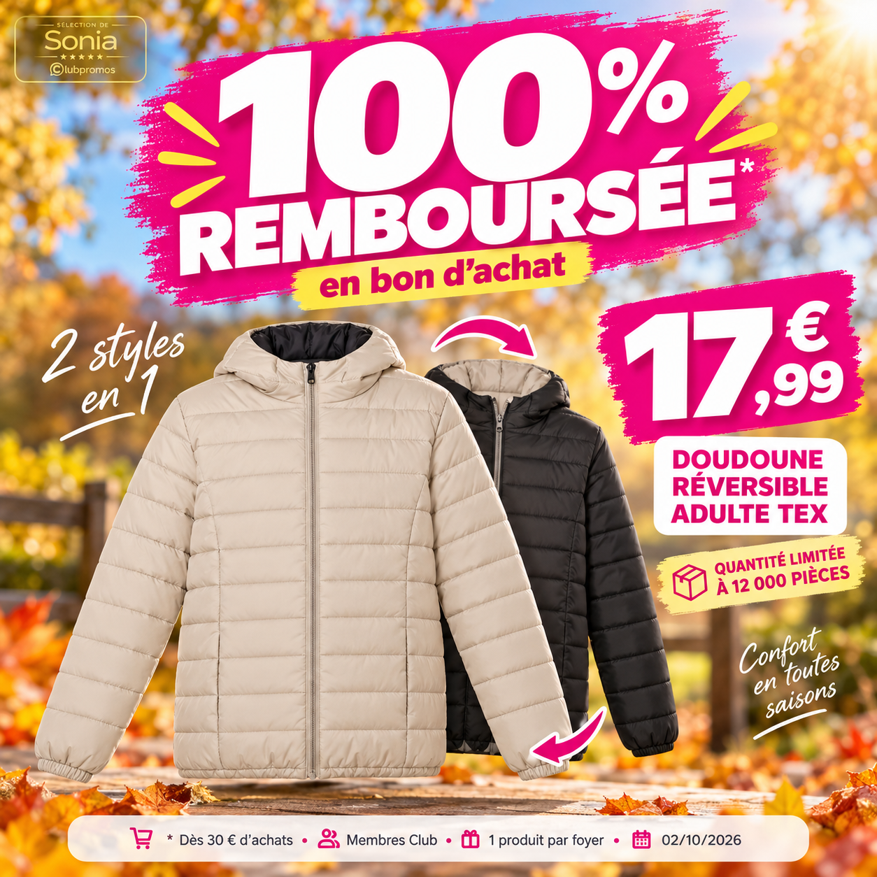 Doudoune réversible adulte TEX remboursée en bon d’achat chez Carrefour le 2 octobre 2026