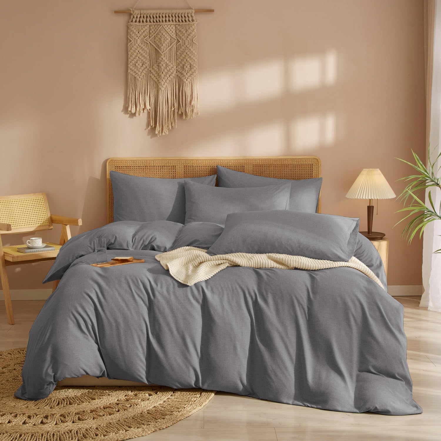 Parure de lit adulte DPNJING 220x240 gris foncé, housse de couette coton lin microfibre avec fermeture éclair et taies 65x65 cm, lavable en machine