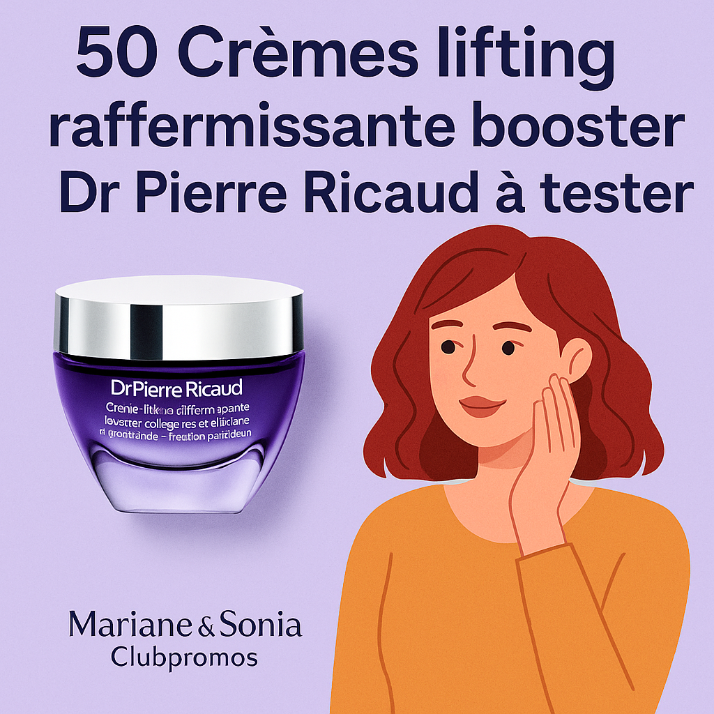 Flacon or et blanc de la Crème Lifting Raffermissante Booster Dr Pierre Ricaud entouré de graines de lin et pétales de rose, avec étiquette '50 Tests Gratuits' - soin luxe anti-relâchement à la niacinamide pour peau ferme et liftée