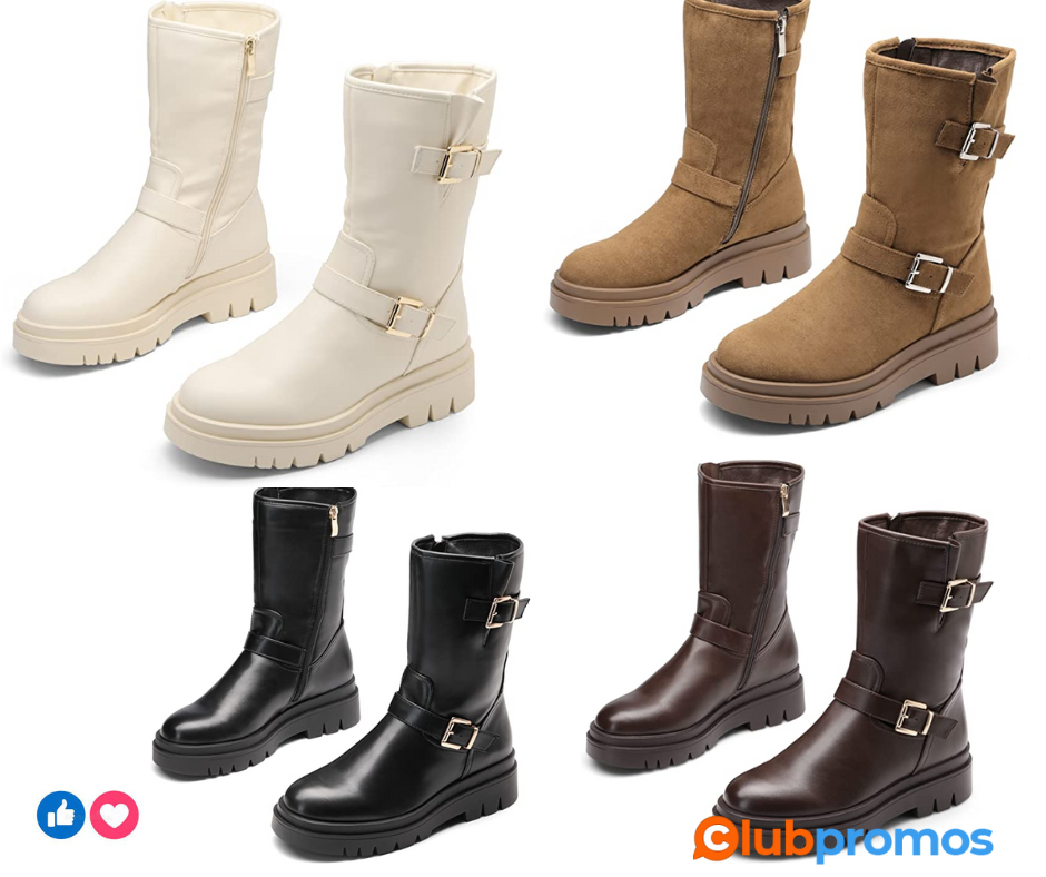 DREAM PAIRS Bottes mi-Mollets pour Femmes Semelle épaisse et Plate avec Boutons et Fermeture à...png