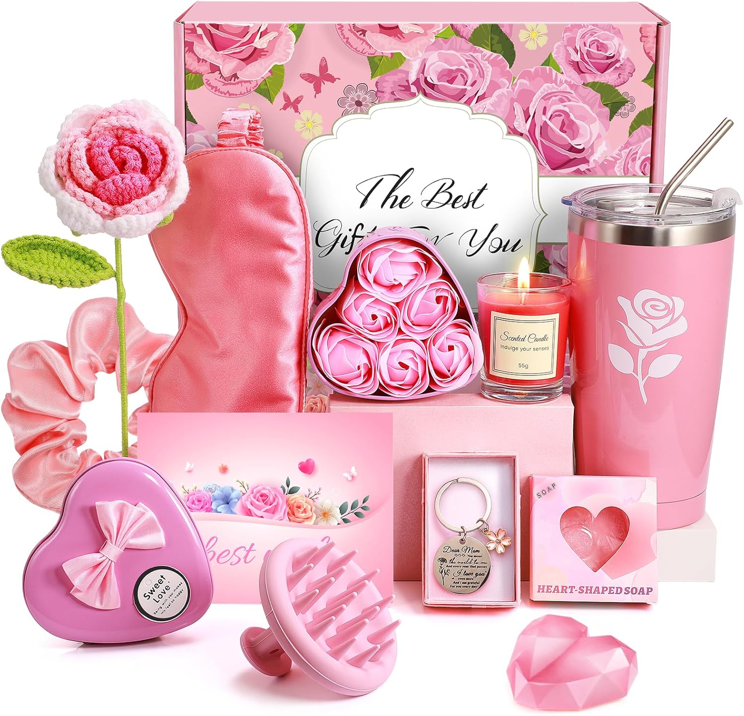 Coffret cadeau Dromlag 15 pièces rose : savon artisanal, composition florale, bougie soja, tasse isotherme 600 ml, masque de sommeil soie, brosse cuir chevelu, élastiques, porte-clés, carte & emballage sceau de cire