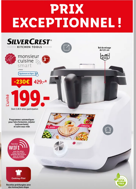 Robot cuiseur Silvercrest Monsieur Cuisine Smart en promotion à 199€ chez Lidl le lundi 2 juin 2025 – écran tactile 8, 1200W, bol inox 4,5L, recettes intégrées et balance connectée – Meilleure alternative au Thermomix à petit prix – Offre en magasin, quantités limitées, visible dans le catalogue Lidl semaine du 29 mai au 4 juin.
