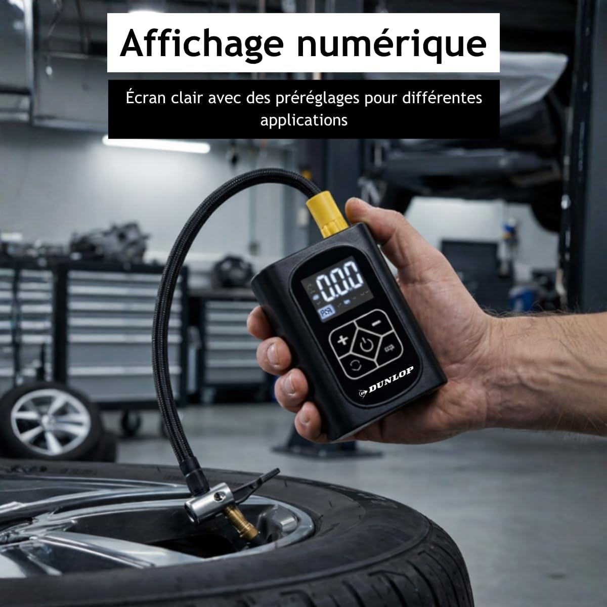  Compresseur à air digital portatif Dunlop avec écran numérique, tuyau et accessoires pour gonfler pneus voiture, vélo et ballons