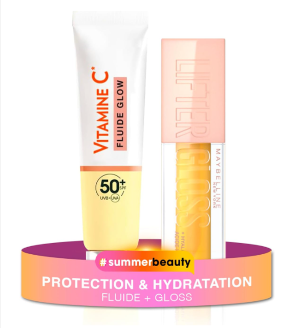 Image du lot Garnier + Maybelline : fluide visage SPF50+ à la vitamine C et gloss teinte Honey, pack duo hydratation et éclat à 16,93€. Bon plan beauté été 2025 sur Amazon.