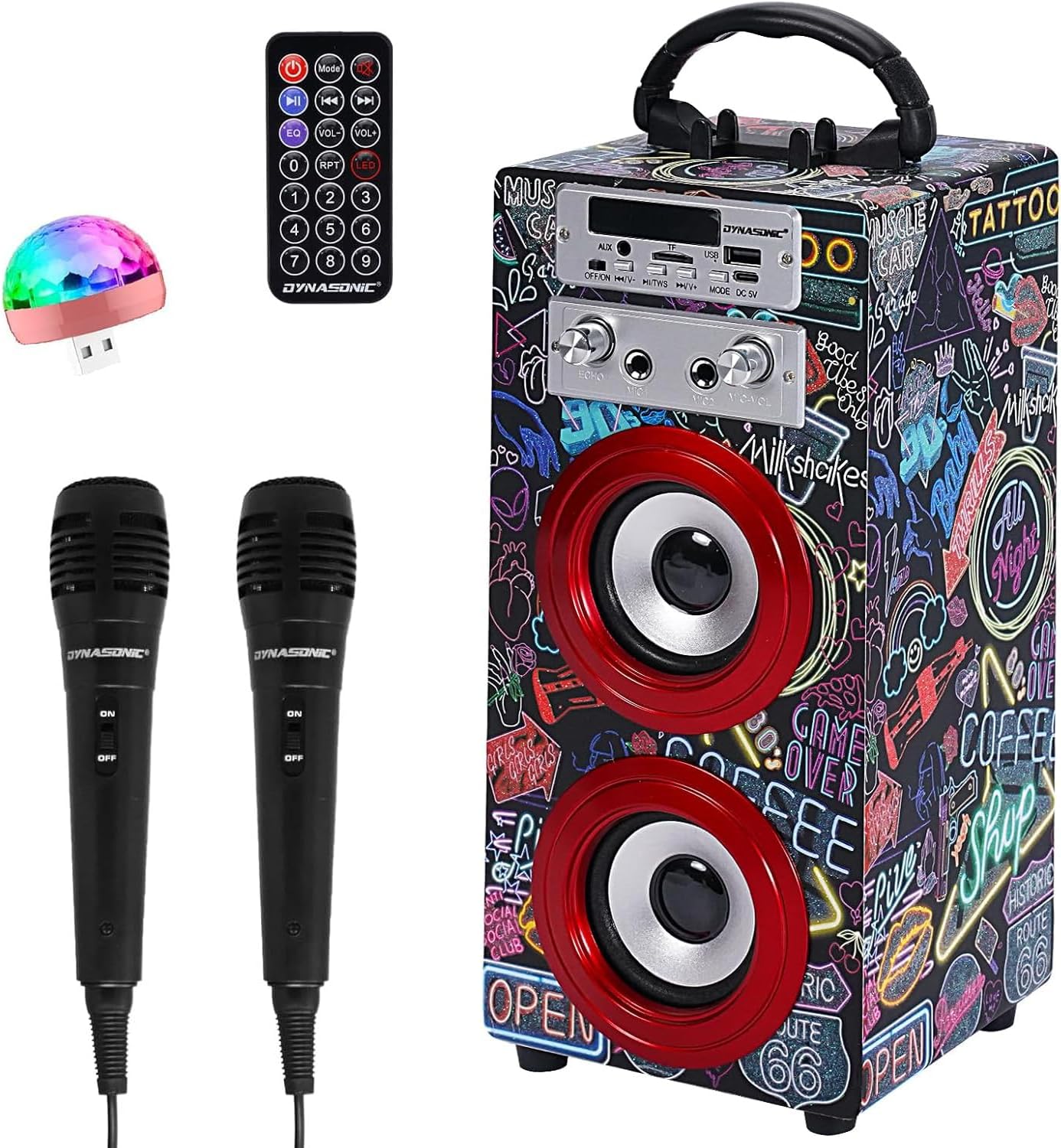 Machine à karaoké DYNASONIC 025 – 2 microphones, Bluetooth, USB/microSD, LED, TWS, enceinte portable pour enfants/famille