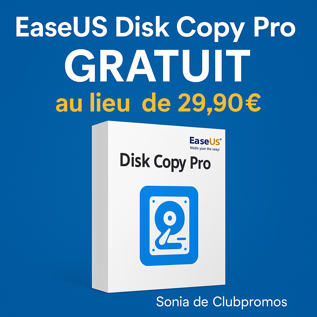 Bon plan EaseUS Disk Copy Pro : logiciel de clonage de disque dur gratuit pendant 1 an – copie intégrale de système, fichiers, et partitions sur SSD ou HDD – version Windows – alternative à Clonezilla ou Acronis – migration sans perte de données – création de disque bootable WinPE – offre EaseUS valable jusqu’en 2026 – à télécharger gratuitement en ligne – logiciel EaseUS Disk Copy Pro version complèt