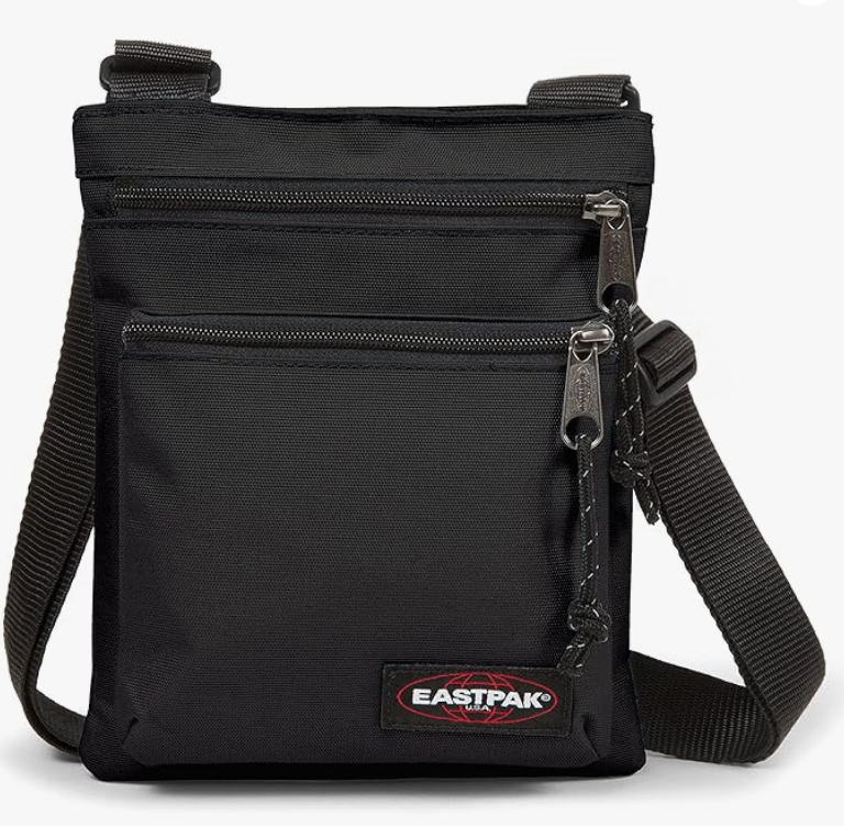 Sac bandoulière Eastpak Rusher 1,5 L noir / Sunday Grey, 100% nylon, dimensions 23×18×2 cm, compartiment principal et deux poches frontales zippées, bandoulière réglable pour un usage urbain léger et durable.
