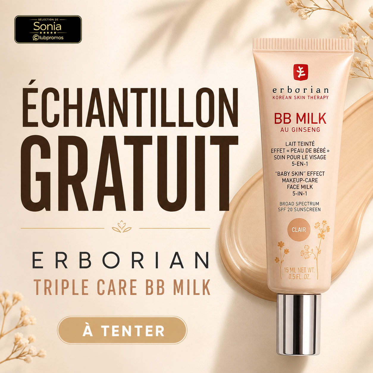 Visuel ClubPromos présentant l’échantillon gratuit Erborian Triple Care BB Milk, une offre beauté ciblée à tenter sans achat requis.