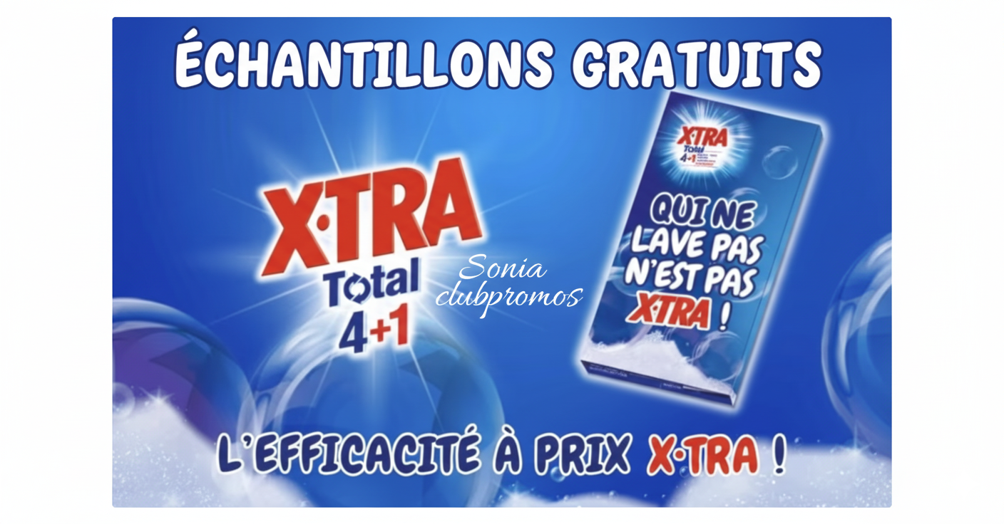 Échantillon gratuit de lessive X•TRA Total 4+1 offert par La Belle Adresse – formule puissante, fraîcheur longue durée, propreté impeccable du linge – offre gratuite 2026.