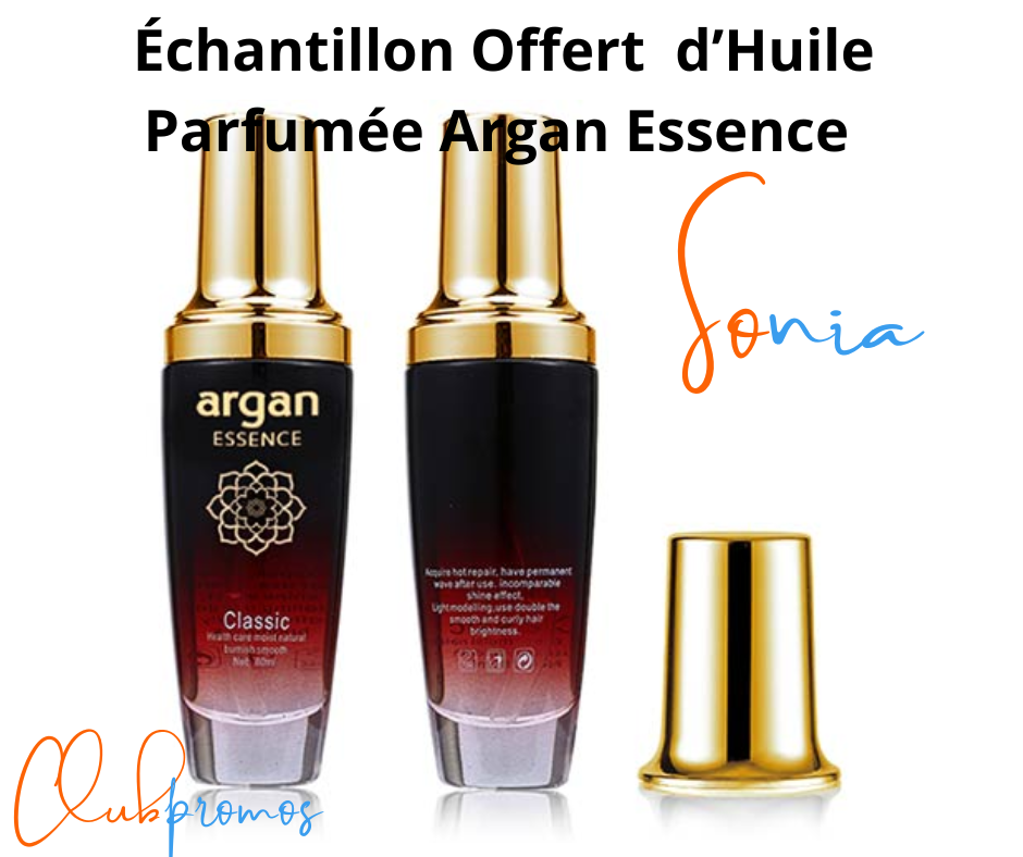 Échantillon gratuit d’huile parfumée Argan Essence présenté sur un fond élégant, illustrant un soin capillaire nourrissant et hydratant à base d’huile d’argan pour des cheveux brillants et soyeux.