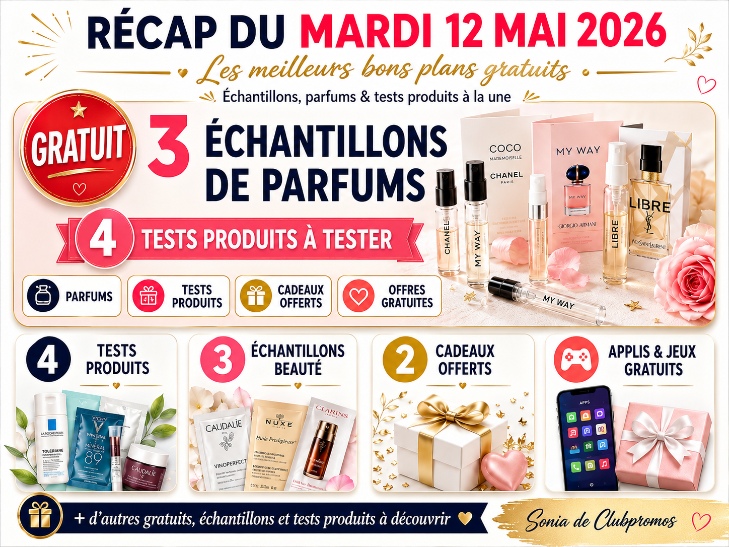 isuel récap du mardi 12 mai 2026 mettant en avant les meilleurs bons plans gratuits du jour avec 3 échantillons de parfums gratuits, 4 tests produits à tester, cadeaux offerts, applis et jeux gratuits à découvrir. Sélection signée Sonia de Clubpromos.