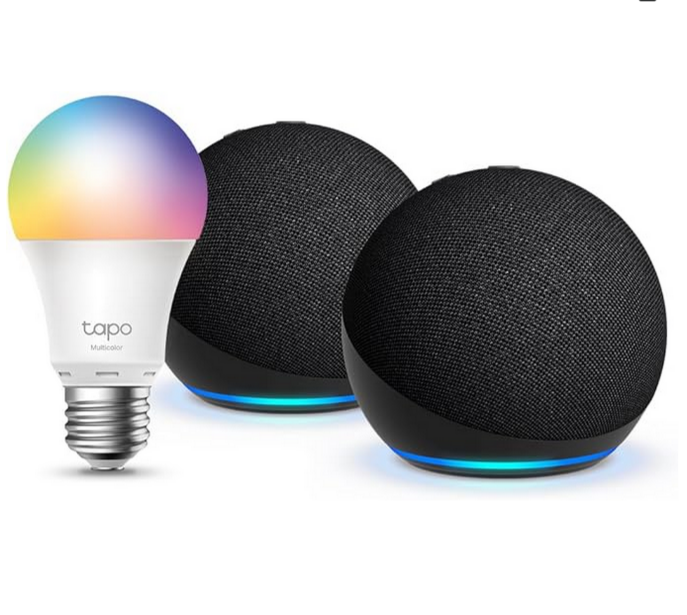 Pack maison connectée avec 2 enceintes intelligentes Echo Dot 5e génération (Anthracite) à commande vocale Alexa + 1 ampoule connectée LED multicolore Tapo E27. Contrôle des lumières par la voix, compatibilité Amazon Music, configuration rapide via Wi-Fi, idéal pour démarrer une smart home.