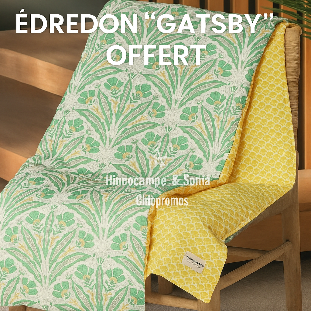 Visuel du bon plan Linvosges : un édredon Gatsby offert en cadeau dès 10€ d’achat – frais de port gratuits inclus. Offre exclusive et limitée, mise en avant par Sonia de Clubpromos. Idéal pour une déco raffinée et cosy.