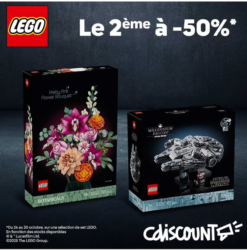 Sélection LEGO Adulte sur Cdiscount : bons plans exclusifs avec le code 50LEGO – 2ᵉ produit à -50%. Découvre les meilleures offres sur les sets Technic, Icons, Star Wars et Botanicals, livraison gratuite et paiement en 4x.