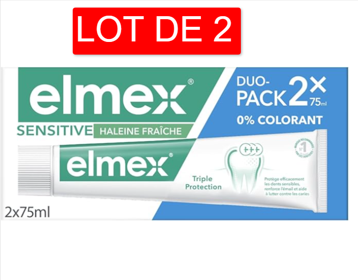 Lot de 2 dentifrices Elmex Sensitive Haleine Fraîche 75 ml sans colorants pour dents sensibles avec protection de l'émail et contre les caries en promotion à 4,71€ sur Amazon.
