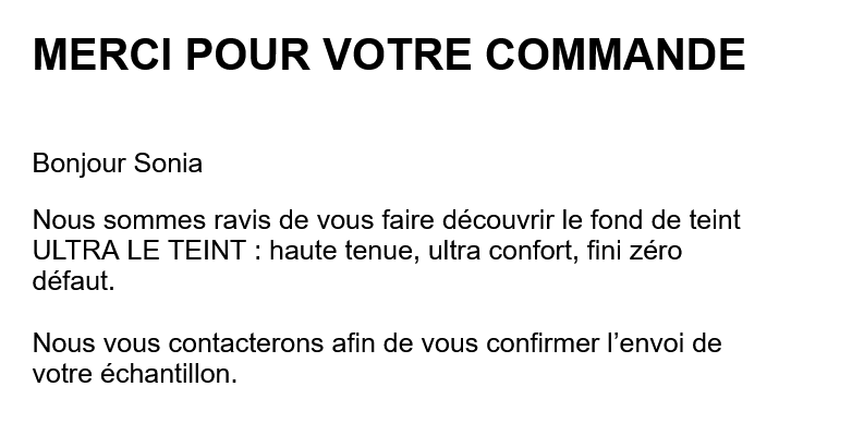 Exemple d’email de confirmation envoyé par Chanel pour l’échantillon gratuit Ultra Le Teint – message reçu après inscription avec adresse postale