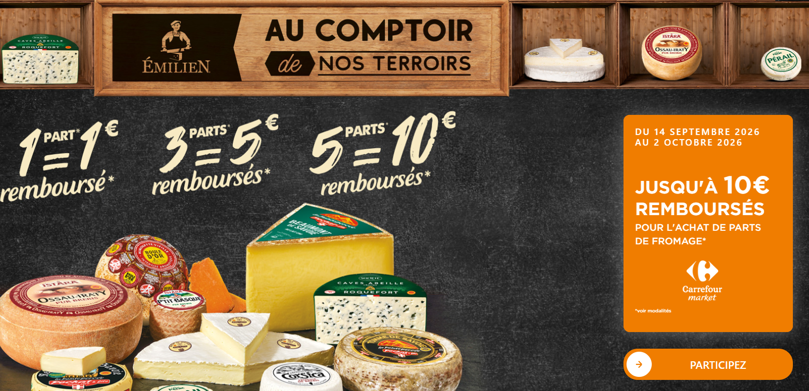 Bannière de l’offre Émilien Au Comptoir de Nos Terroirs avec jusqu’à 10 euros remboursés