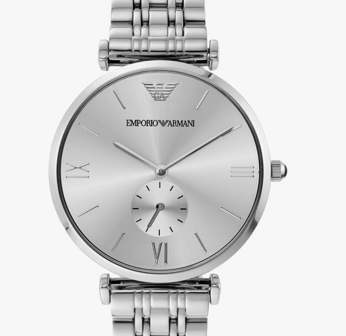 : Montre homme Emporio Armani AR1819 en promotion : bracelet en acier inoxydable, boîtier argenté 40 mm, mouvement à quartz fiable, style sobre et raffiné.