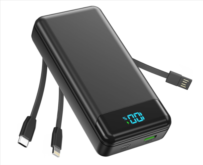 Batterie externe Enerwow 27000mAh avec charge rapide PD 30W et 3 câbles intégrés, compatible iPhone et autres appareils, 4 sorties, affiche LED, batterie de secours pour téléphone/tablette.