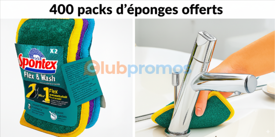 Pack de 400 éponges Spontex Flex & Wash lavables en machine à tester gratuitement via la campagne Sampleo – éponge durable, écologique et efficace.