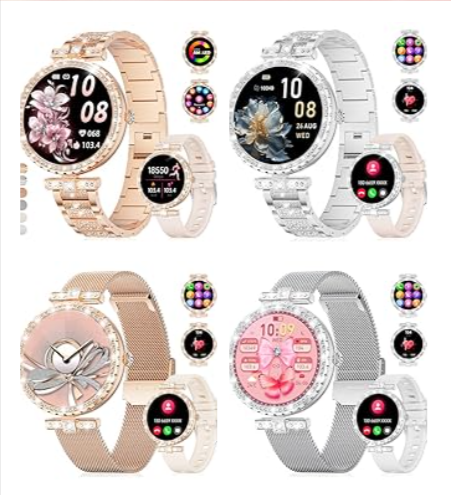 Montre connectée bijou femme ESFOE FV8 – écran AMOLED 1,19, appels Bluetooth, IP68, 120+ sports, bracelets maille/acier, prix 27–30 € sur Amazon