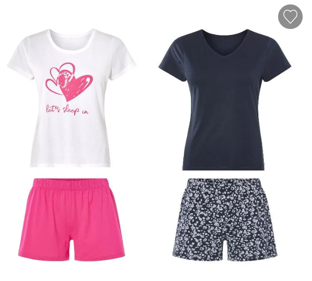 Ensemble pyjama femme Esmara® 100 % coton, short taille élastiquée, encolure en V bleu marine ou encolure ronde blanc/rose – bon plan Lidl