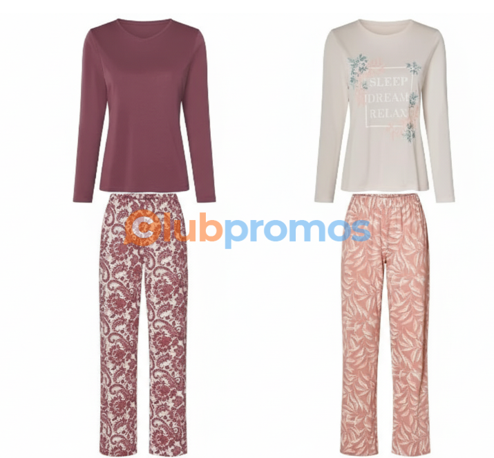  Pyjama femme esmara® 100 % coton – coloris rose ou rouge/crème, tailles 34 à 52, pantalon taille élastique, impression écoresponsable ecoprint by CHT, label OEKO-TEX®.