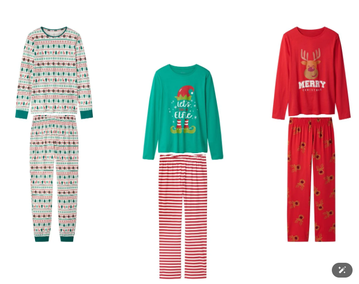 Pyjama de Noël femme esmara 100 % coton, 3 modèles (rayé, renne AOP, jacquard), tailles 34 à 52, pantalon taille élastique, entretien facile – Lidl.