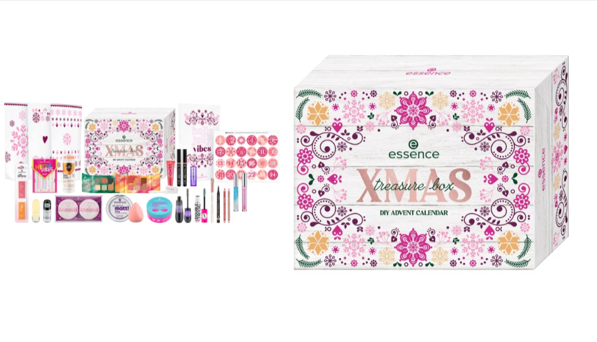  Calendrier de l’Avent DIY Essence Cosmetics Xmas Treasure Box – 24 produits beauté, 24 sachets + 24 stickers, sans parabènes, marque cruelty-free, idée cadeau personnalisable pour Noël