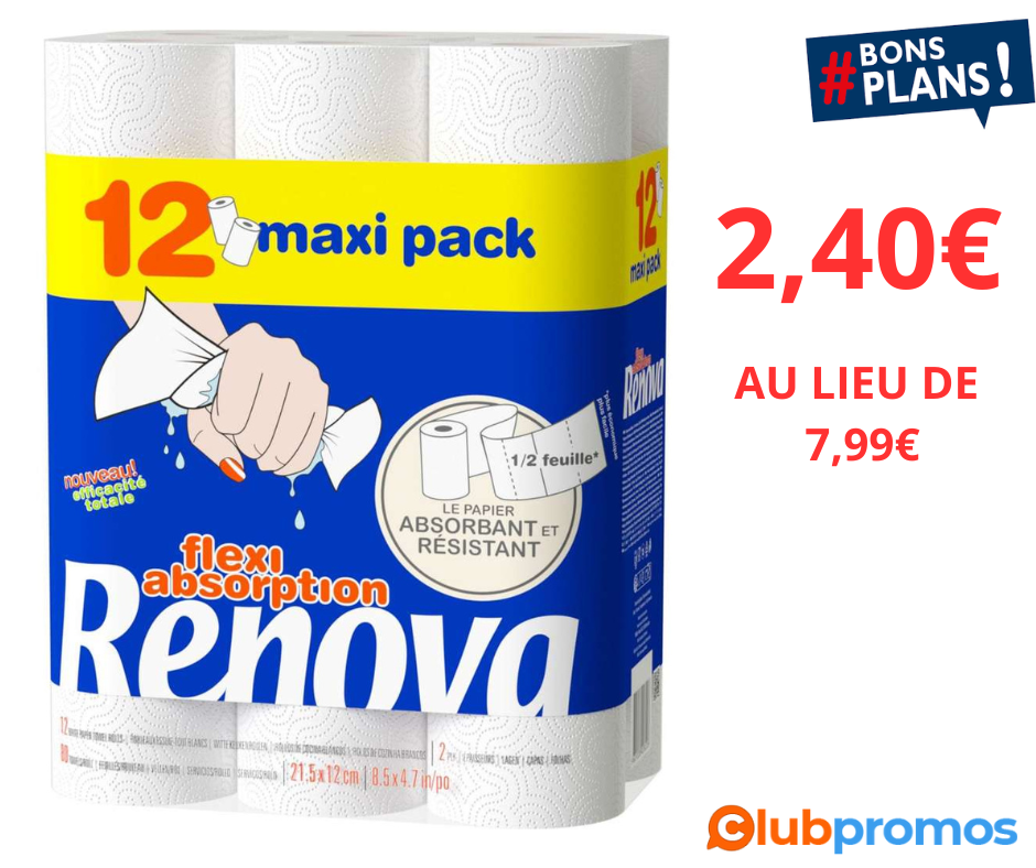 Essuie-Tout Renova Active Absorption - Maxi format 12 rouleaux bon plan Carrefour, ODR, Optimi...png
