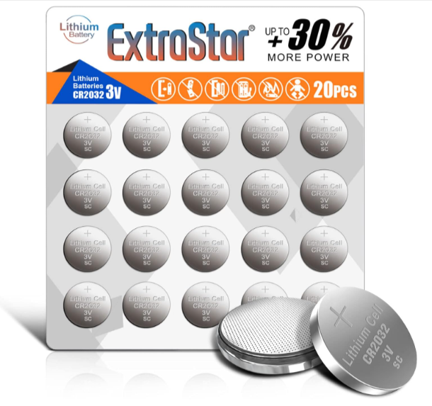  Lot de 20 piles bouton EXTRASTAR CR2032 3V au lithium, format 20×3,2 mm, non rechargeables, certifiées CE & RoHS, longue durée pour télécommandes, balances, domotique et montres.